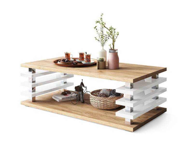 designimpex Couchtisch Carl Svensson DC-3 Wohnzimmertisch Tisch Eiche Gold - Weiß Hochglanz von designimpex