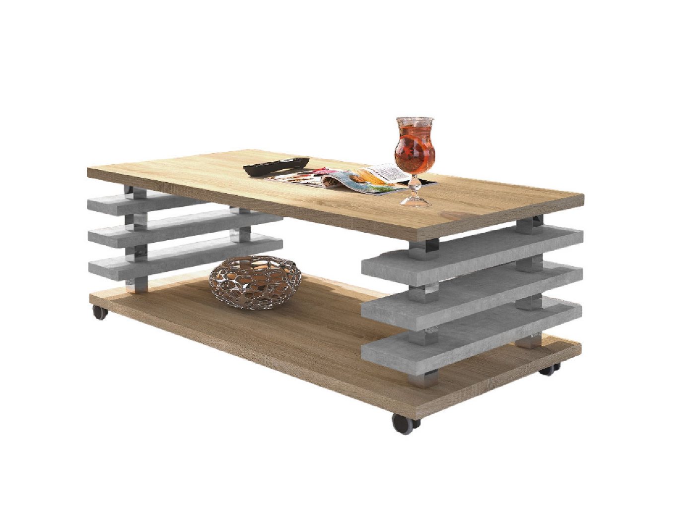 designimpex Couchtisch Carl Svensson DC-3 Wohnzimmertisch Tisch Rollen Sonoma Eiche - Beton von designimpex