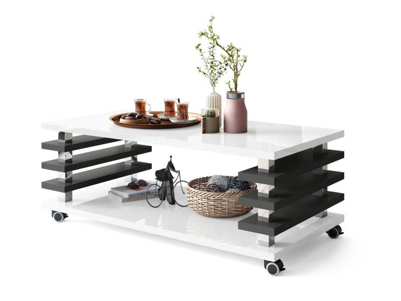 designimpex Couchtisch Carl Svensson DC-3 Wohnzimmertisch mit Rollen Weiß Hochglanz Anthrazit von designimpex