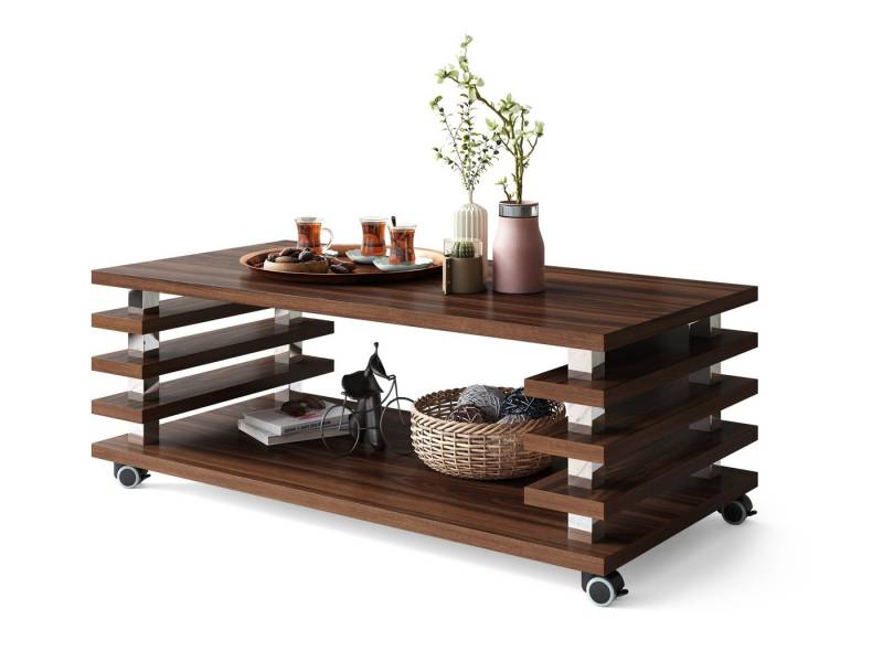 designimpex Couchtisch Carl Svensson DC-3 Wohnzimmertisch Tisch mit Rollen Nussbaum von designimpex