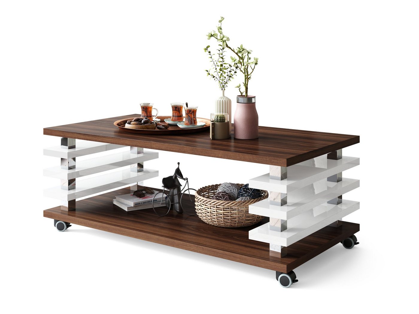 designimpex Couchtisch Carl Svensson DC-3 Wohnzimmertisch Rollen Nussbaum - Weiß Hochglanz von designimpex