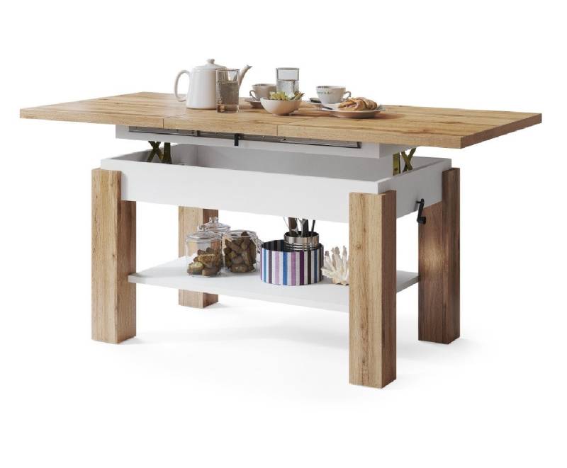 designimpex Couchtisch Couchtisch Astoria Eiche Wotan / Weiß matt höhenverstellbar ausziehbar, Funktionstisch, Wohnzimmertisch, Tisch, Esstisch, Sofatisch von designimpex