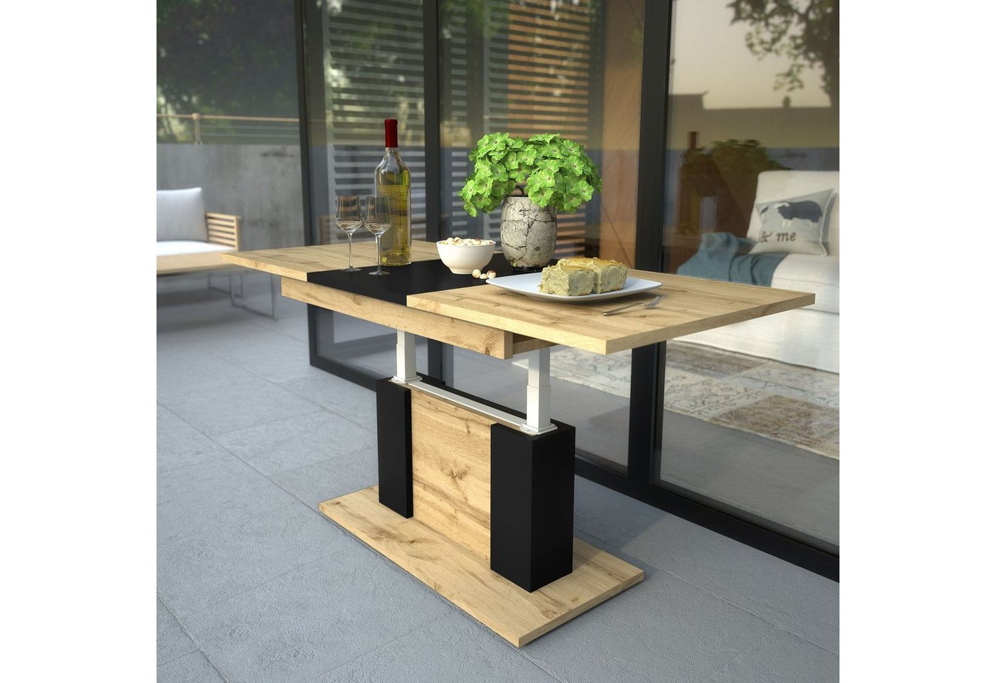 designimpex Couchtisch Design Tisch DP-1 Eiche Wotan-Schwarz matt höhenverstellbar ausziehbar von designimpex