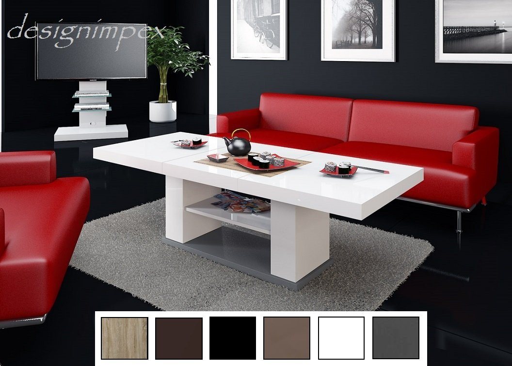 designimpex Couchtisch Design HN-777 Weiß - Grau Hochglanz höhenverstellbar ausziehbar Tisch von designimpex
