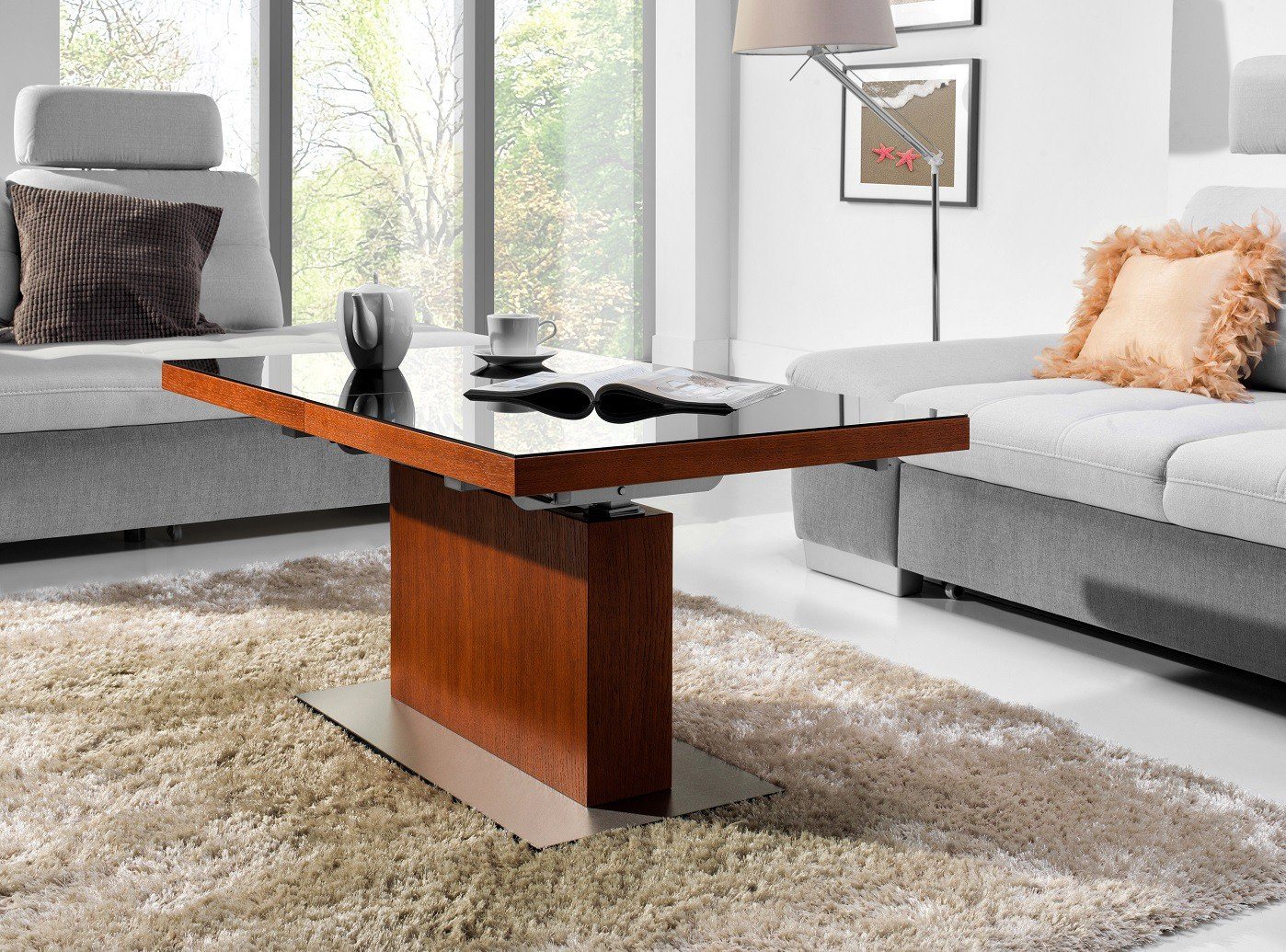 designimpex Couchtisch Design Tisch MN-3 Kirschbaum Schwarzglas höhenverstellbar & ausziehbar von designimpex