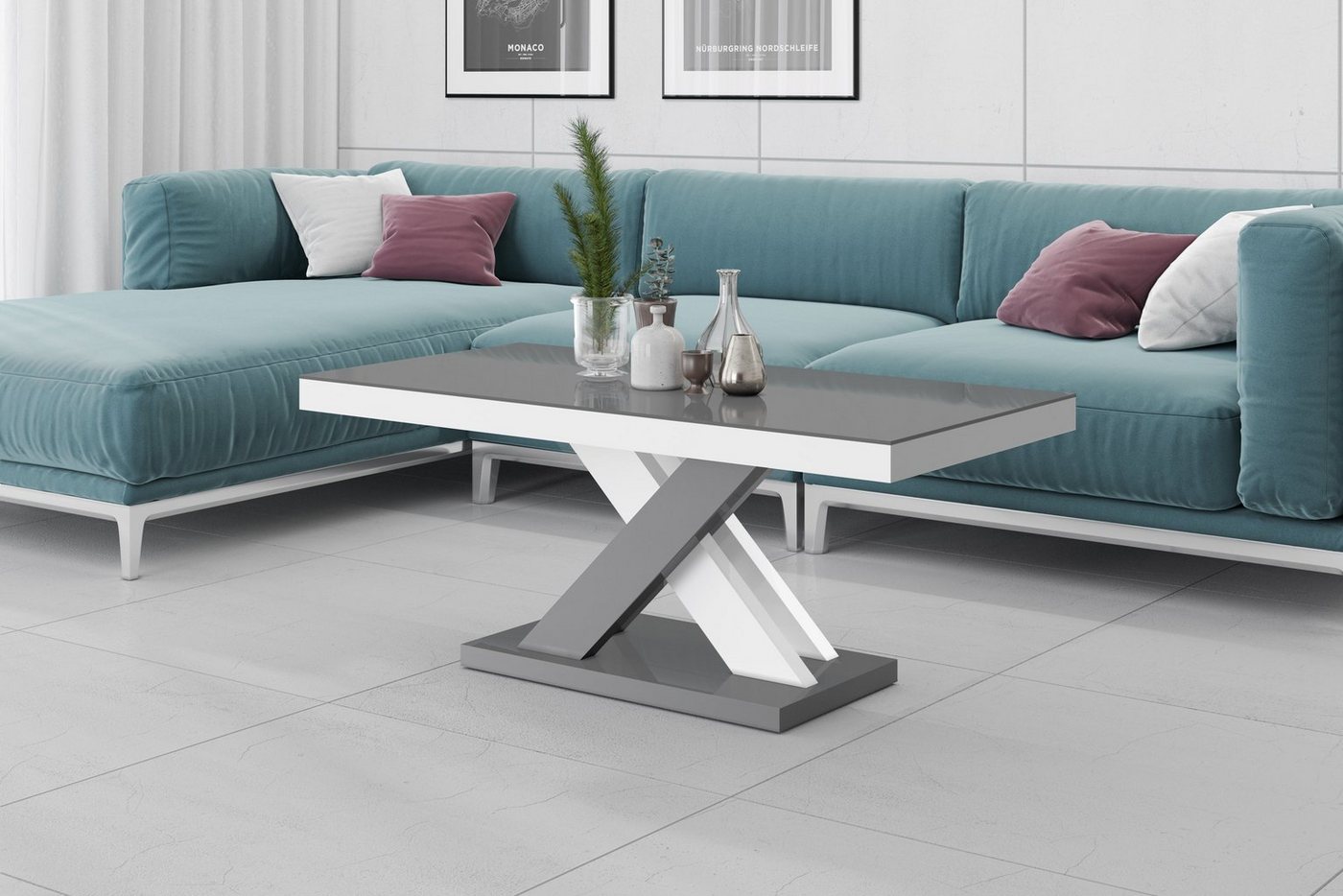 designimpex Couchtisch Design XLU-888 Grau / Weiß Hochglanz Tisch Wohnzimmertisch von designimpex