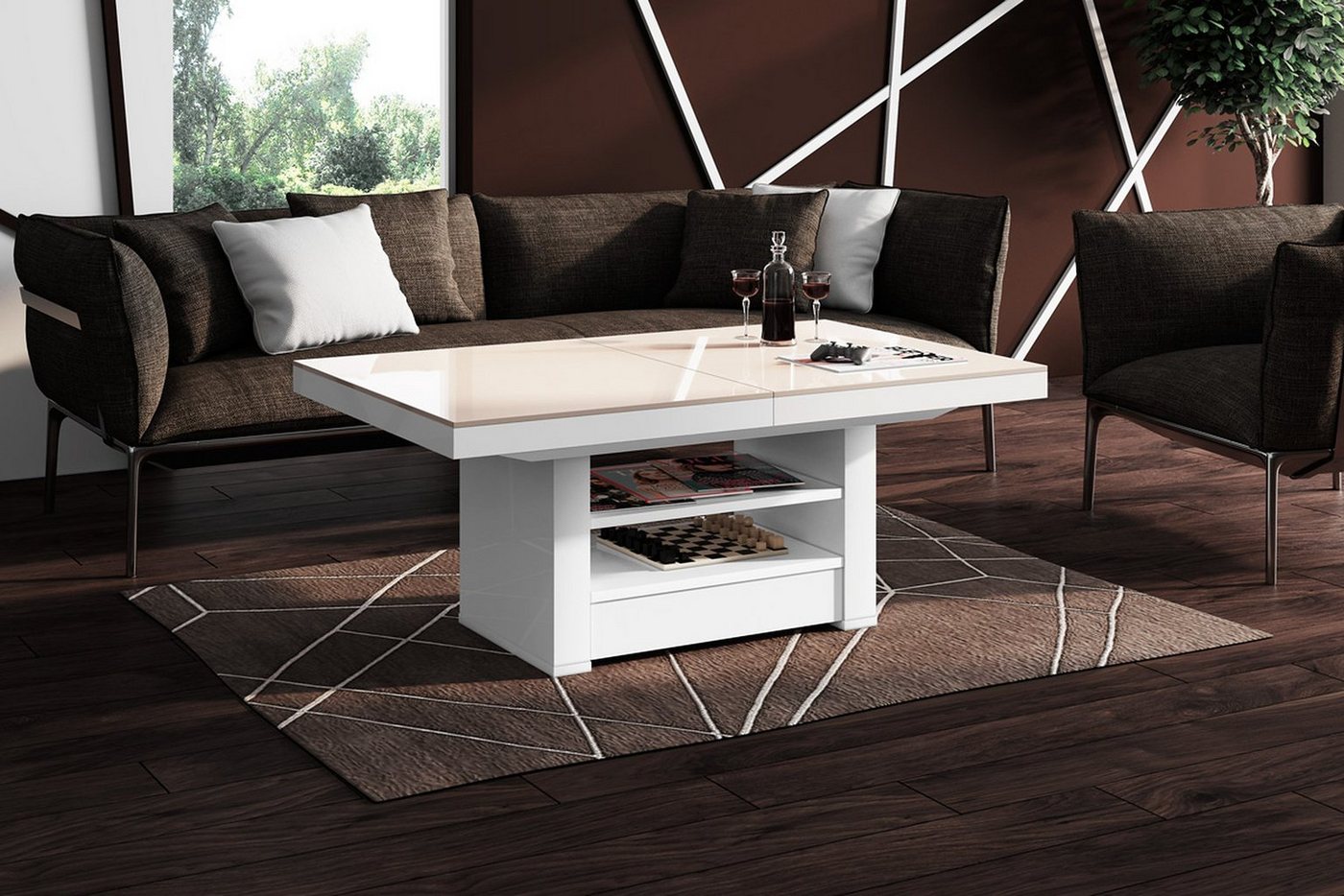 designimpex Couchtisch HLM-111 Cappuccino / Weiß Hochglanz höhenverstellbar ausziehbar von designimpex