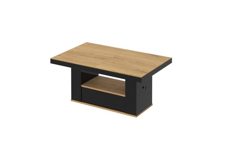 designimpex Couchtisch HM-111 Eiche Natur - Schwarz Hochglanz höhenverstellbar ausziehbar, Funktionstisch, Wohnzimmertisch, Tisch, Esstisch, Sofatisch, Schublade von designimpex