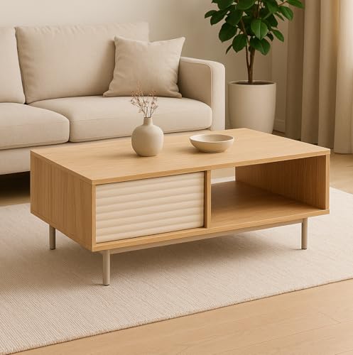 designimpex DT-1 Couchtisch Eiche geölt/Cashmere 100x60x46cm Staufach und Ablage modern Wohnzimmertisch Esstisch Beistelltisch Sofatisch platzsparend Wohnzimmer von designimpex