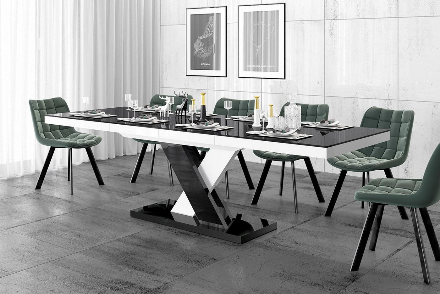 designimpex Esstisch Design Tisch HEN-111 Schwarz - Weiß Hochglanz ausziehbar 160 bis 256cm von designimpex