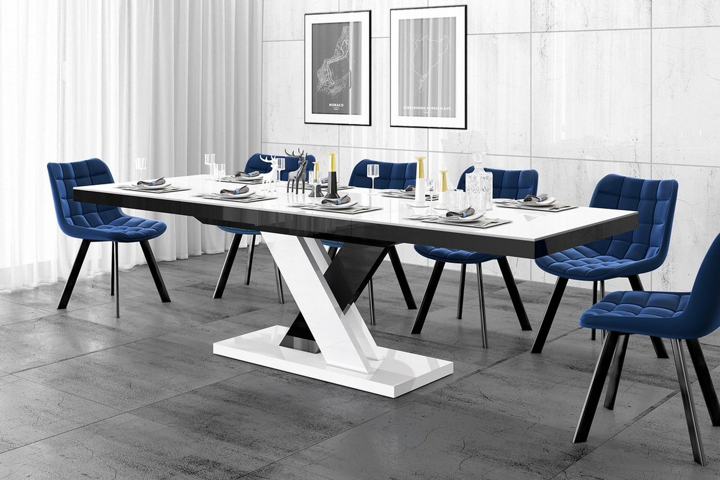 designimpex Esstisch Design Tisch HEN-111 Weiß - Schwarz Hochglanz ausziehbar 160 bis 256cm von designimpex