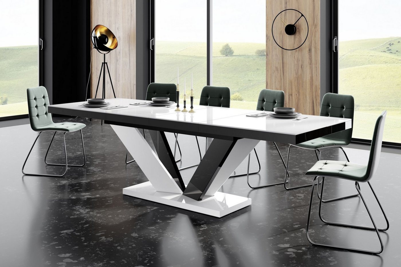 designimpex Esstisch Design Tisch HEU-111 Weiß / Schwarz Hochglanz ausziehbar 160 bis 256cm von designimpex
