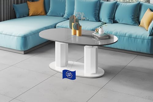 designimpex HBL-1111 Couchtisch Grau Hochglanz/Weiß Hochglanz ausziehbar höhenverstellbar 130/170 cm Oval modern Wohnzimmertisch Esstisch Beistelltisch Sofatisch platzsparend hochwertig Wohnzimmer von designimpex
