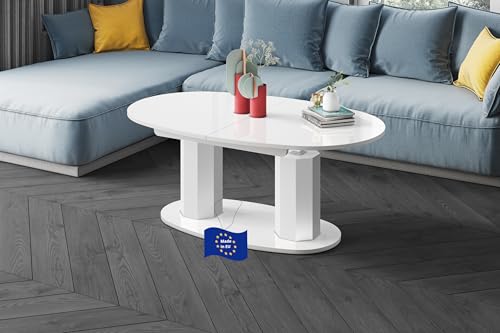 designimpex HBL-1111 Couchtisch Weiß Hochglanz ausziehbar höhenverstellbar 130/170 cm Oval modern vielseitig Wohnzimmertisch Esstisch Beistelltisch Sofatisch platzsparend hochwertig Wohnzimmer von designimpex
