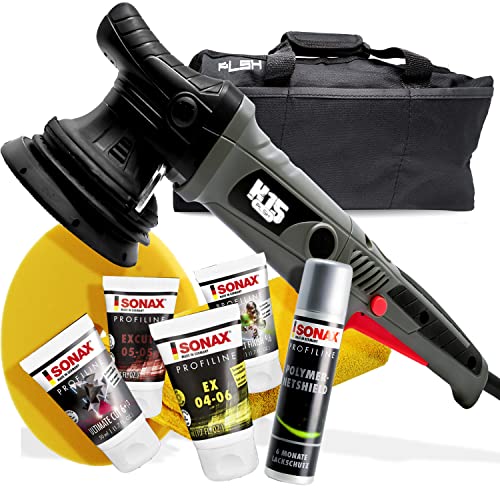 Auto Politur Bundle: PLSH H15 Poliermaschine + SONAX PROFILINE Polituren 50ml + Garage Freaks Polierpad Medium Cut + SONAX PolymerNetShield Versiegelung 75ml + detailmate Mikrofasertuch 550GSM von detailmate