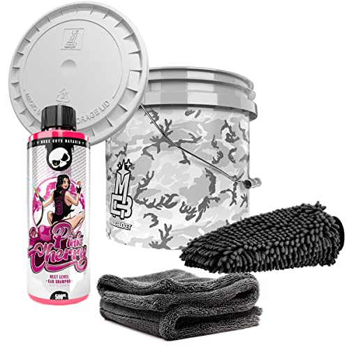 Auto Waschset - Magic Bucket Wascheimer 3,5 GAL mit Deckel Camouflage Grau + Nuke Guys Pink Cherry Autoshampoo 0,5L + Gamma Dryer Mikrofaser Trockentuch 1400GSM + Waschhandschuh von detailmate