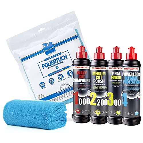 Detailmate Auto Politur Set - Menzerna Autopolitur Super Heavy Cut Compund HC1000 + Medium Cut 2200 + Final Finish SF3000 + Power Lock Ultimate Protection - 250ml + flauschiges Mikrofaser Poliertuch von detailmate