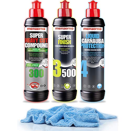 Detailmate Auto Politur Set - Menzerna Autopolitur Super Heavy Cut Compund HC300 + Super Finish SF3500 + Liquid Carnauba Protection - 250 ml - extra langfloriges Mikrofaser Poliertuch 550 GSM Detailmate Auto Politur Set - Menzerna Autopolitur Super Heavy Cut Compund HC300 + Super Finish SF3500 + Liquid Carnauba Protection - 250 ml - extra langfloriges Mikrofaser Poliertuch 550 GSM von detailmate