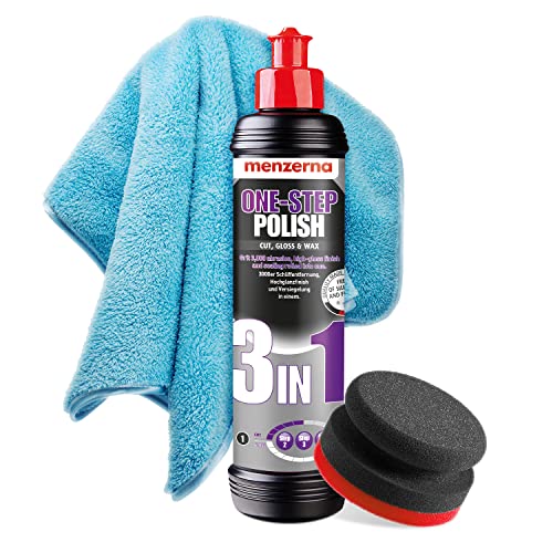 Detailmate Einsteiger Auto Politur Set - Menzerna Medium Cut Politur One-Step-Polish 3 in 1 + Garage Freaks Applikations Schwamm Polierpuk + Mikrofaser Poliertuch langflorig von detailmate
