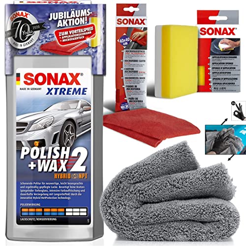 Detailmate Handpolitur Set: SONAX XTREME POLISH + WAX 2, 500ml + Mikrofasertuch + Apllikationsschwamm + ultraflausch Poliertuch + Schutzhandschuhe von detailmate