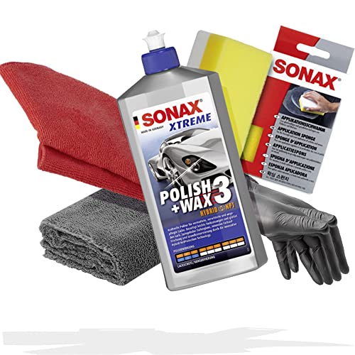 Detailmate Handpolitur Set: SONAX XTREME Polish + Wax 3, 500ml + Mikrofasertuch + Apllikationsschwamm + ultraflausch Poliertuch + Schutzhandschuhe von detailmate