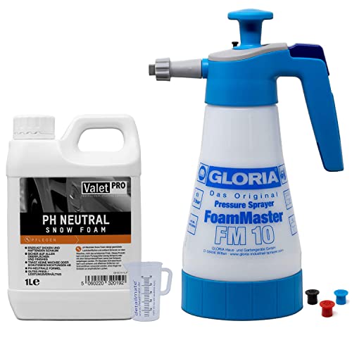 Detailmate Vorwäsche Set: Gloria FM10 Schaumsprüher Foam Master 1L+ ValetPro pH neutral Snow Foam 1L + 50 ml Messbecher von detailmate