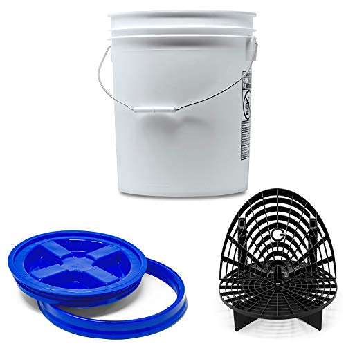 Detailmate professionelles Wasch Eimer Set: Magic Bucket Wascheimer 5 GAL (ca. 20 Liter), Gamma Seal Eimerdeckel blau, GritGuard Schmutz Einsatz schwarz, GritGuard Washboard schwarz von detailmate