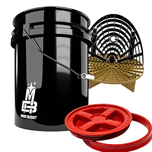 Detailmate professionelles Wasch Eimer Set: Magic Bucket Wascheimer 5 GAL (ca. 20 Liter), Gamma Seal Eimerdeckel rot, GritGuard Schmutz Einsatz Gold, GritGuard Washboard schwarz von detailmate