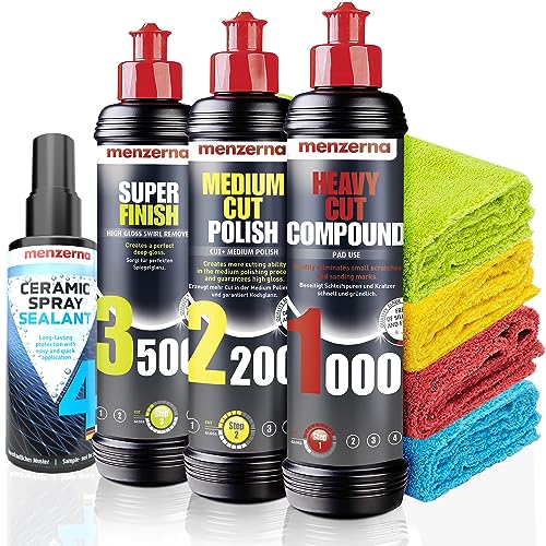 Menzerna Auto Polituren Set: Menzerna Heavy Cut Compound 1000 + Medium Cut Compound 2200 + Super Finish 3500 + MZ Wash Sachet + Power Lock Ultra Protection Sachet + 3x Mikrofasertuch 40x40cm von detailmate