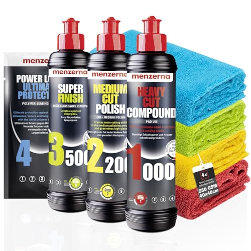 Menzerna Auto Polituren Set: Menzerna Heavy Cut Compound 1000 + Medium Cut Compound 2200 + Super Finish 3500 + Power Lock Ultra Protection Sachet + 4x Mikrofasertuch 40x40cm von detailmate