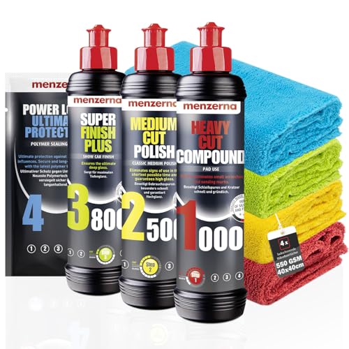 Menzerna Auto Politur Set: Menzerna Heavy Cut Compound 1000 + Medium Cut Compound 2500 + Super Finish Plus 3800 + MZ Wash Sachet + Power Lock Sachet + 3x Mikrofasertuch 40x40cm von detailmate