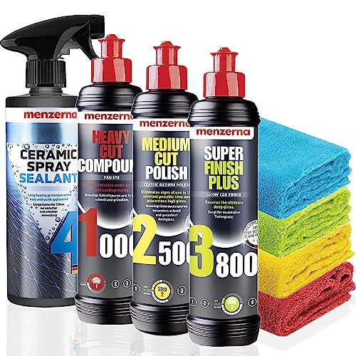 Menzerna Auto Polituren Set: Menzerna Heavy Cut Compound 1000 + Medium Cut Polish 2500 + Super Finish Plus 3800, 250ml + Ceramic Spray Sealant Protection 0,5L + 4x Mikrofasertuch 40x40cm, 550GSM von detailmate