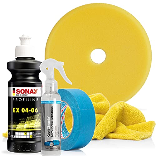 Sonax Polituren Set Basic+ - SONAX PROFILINE EX 04/06 250ml + Koch Chemie Allround Quick Shine Detailer 140ml + SONAX Exzenter Pad medium 143 DA + 3M Abdeckband 3434 24mm/50M + Mikrofasertuch 550GSM von detailmate