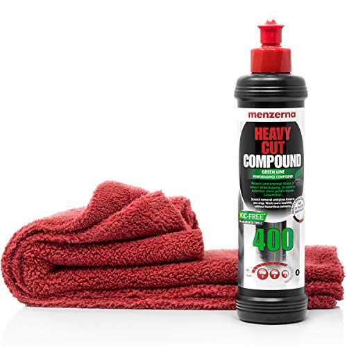 detailmate Auto Polier Set - Autopflege: Menzerna Green Line 400 Super Heavy Cut Compound - 250ml - Kratzer entfernen + Mikrofaser Auto Poliertuch, 40x40cm, perfekt zum Auspolieren auf Autolack von detailmate