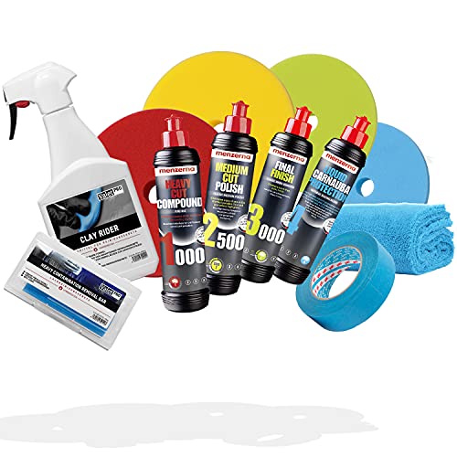 detailmate Auto Politur Set: menzerna Polituren 250 ml + menzerna Liquid Carnauba Wachs 250 ml + Garage Freaks Pads + ValetPRO Clay Rider 500 ml + Reinigungsknete + Zubehör von detailmate