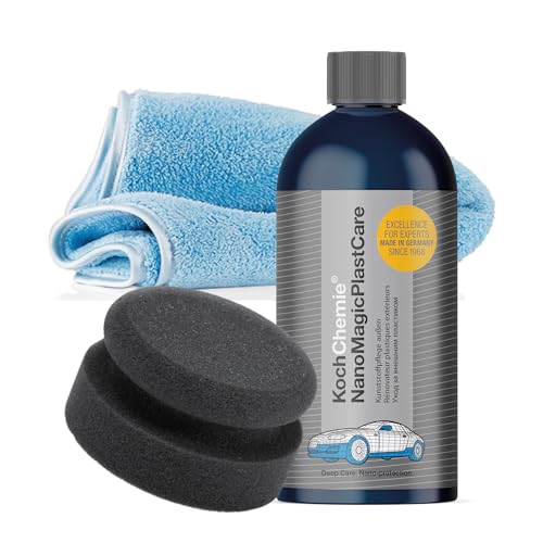 detailmate Koch Chemie Kunststoffpflege Set außen: NanoMagic Plastcare Kunststoffpflege 500ml + Handpolierschwamm Soft, feinzellig Ø 90/50mm + detailmate Mikrofasertuch 40x40cm, 550GSM von detailmate