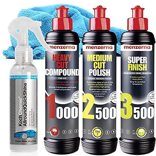 detailmate Menzerna Auto Polituren Set: Menzerna: Heavy Cut Compound 1000 + Medium Cut Polish 2500 + Super Finish 3500 + Koch Chemie AllroundQuickShine 140ml + detailmate Mikrofasertuch 550GSM detailmate Menzerna Auto Polituren Set: Menzerna: Heavy Cut Compound 1000 + Medium Cut Polish 2500 + Super Finish 3500 + Koch Chemie AllroundQuickShine 140ml + detailmate Mikrofasertuch 550GSM von detailmate