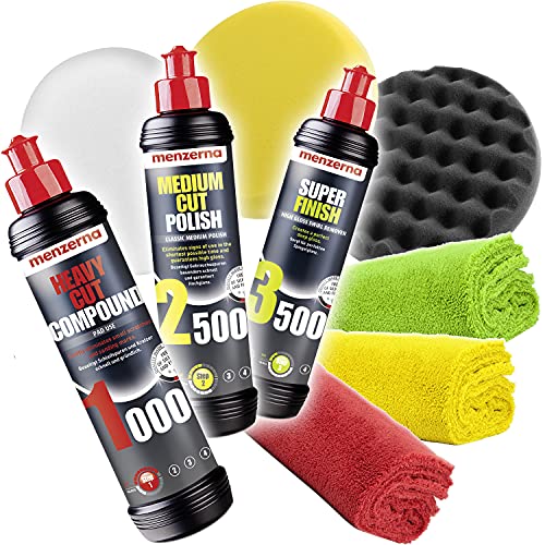 detailmate Menzerna PoliturenSet: Menzerna: Heavy Cut Compound 1000 + Medium Cut Polish 2500 + Super Finish 3500 + Standard Pads (Hard Cut, Medium Cut, Soft Cut) + 3 detailmate Mikrofasertücher 550GSM von detailmate