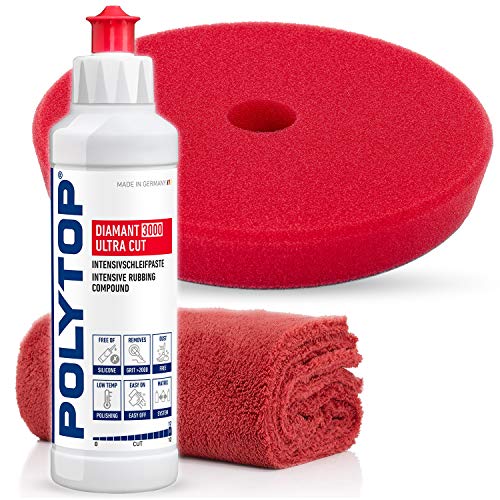 detailmate POLYTOP Premium Politur Set zur professionellen Autoaufbereitung, Exzenter Set: auch für Einsteiger geeignet (DIAMANT 3000 ULTRA CUT 250ml + PAD HART 140mm + POLIERTUCH) von detailmate