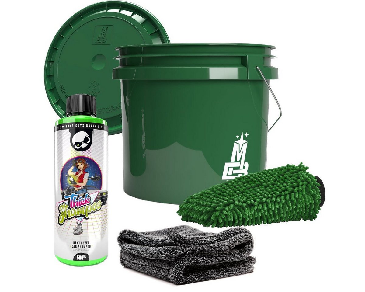 detailmate Reinigungs-Set Magic Bucket Waschset + Zubehör ForestGreen Set, Wascheimer mit Deckel - Mikrofasertuch - Autoshampoo - Waschhandschuh von detailmate