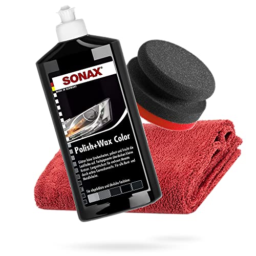 detailmate SONAX Hand Polier Bundle - SONAX Polish+Wax Color schwarz 500ml + detailmate Handpolierschwamm hart Ø90/50mm + detailmate Edgeless Mikrofaser Poliertuch 550GSM rot von detailmate