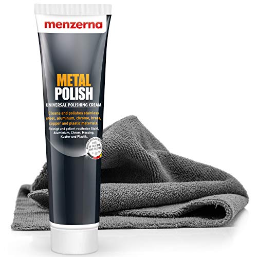 Detailmate: Menzerna Metal Polish - 125 gr Tube - reinigt Edelstahl, Aluminium, Chrom, Kupfer, Silber, Kunststoff - verleiht Auspuff, Kühlergrill, Zierleisten perfekten Glanz + Mikrofaser Poliertuch von detailmate
