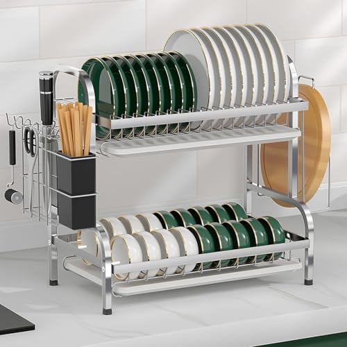 devesanter Abtropfgestell Geschirr 2 Etagen 42CM Multifunktionaler Rostschutz Abtropfgestell mit Abnehmbarer Tropfschale Utensilienmesser Schneidebretthalter(Silber von devesanter