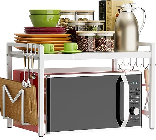 devesanter Erweiterbares Mikrowellen Regal 2-stufiges Mikrowellenständer mit 6 Haken Mikrowellen Aufbewahrungsständer Küchen-Organizer-Rack für Arbeitsplatte, Ausziehbar von 40-64cm Weiß von devesanter