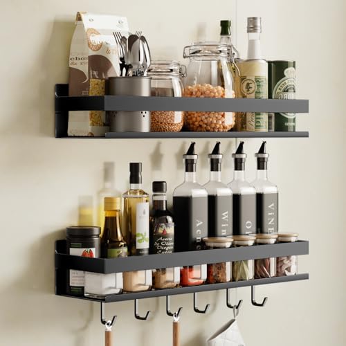 devesanter Gewürzregal Wand 2er Set Ohne Bohren Küchenregal mit 6 Haken, Hakenleiste Hängend Gewürzregal Schranktür Duschablage für Küche Badezimmer Balkon （Schwarz,40 cm） von devesanter