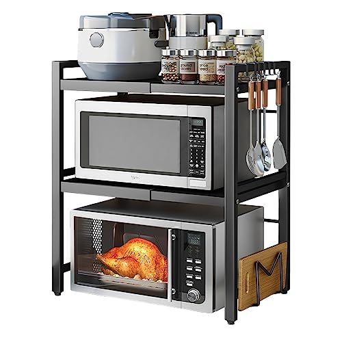 devesanter Mikrowellen Regal 3-Stufiges Ausziehbar arbeitsplatte Bäckerregale mit 6 Haken,Küchenregal Gewürzregal Mikrowellenschrank Organizer für Küchen Schwarz Ausziehbar von 40-64cm von devesanter