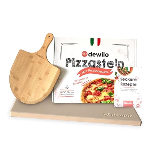dewilo Pizzastein + Pizzaschaufel für Backofen und Grill: Pizza Stein eckig (rechteckig) aus Cordierit + Rezeptheft – die Steinplatte für eine knusprige Pizza wie aus dem Steinofen – Gasgrill geeignet von dewilo