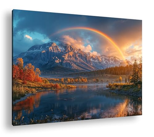 Bergidylle im Herbst; Regenbogen spannt sich über strahlende Gipfel, Natur in voller Pracht. Format: 80x60 cm als Leinwandbild, Motiv fertig gerahmt auf Echtholzrahmen, Hochwertiger Digitaldruck von deyoli