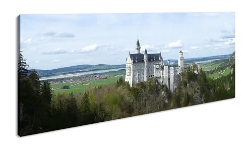 Burg Neuschwanstein Panorama 120x60 cm als Leinwandbild, Motiv fertig gerahmt auf Echtholzrahmen, Hochwertiger Digitaldruck mit Rahmen von deyoli