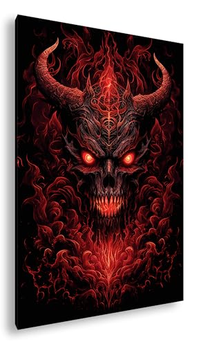 Dämonischer Schädel, glühend in Flammen, hypnotisierende rote Augen in düsterer Aura. Format: 60x40 cm als Leinwandbild, Motiv fertig gerahmt auf Echtholzrahmen, Hochwertiger Digitaldruck mit Rahmen von deyoli